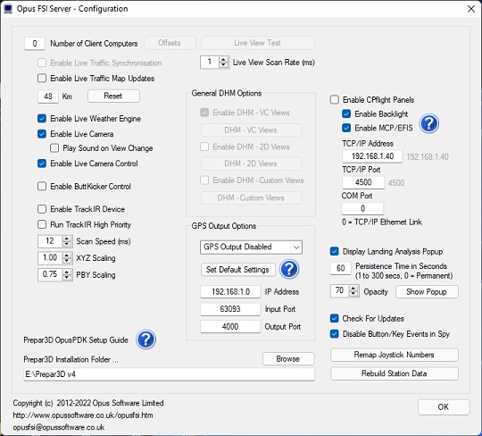 OpusFSI Server Configure dialog